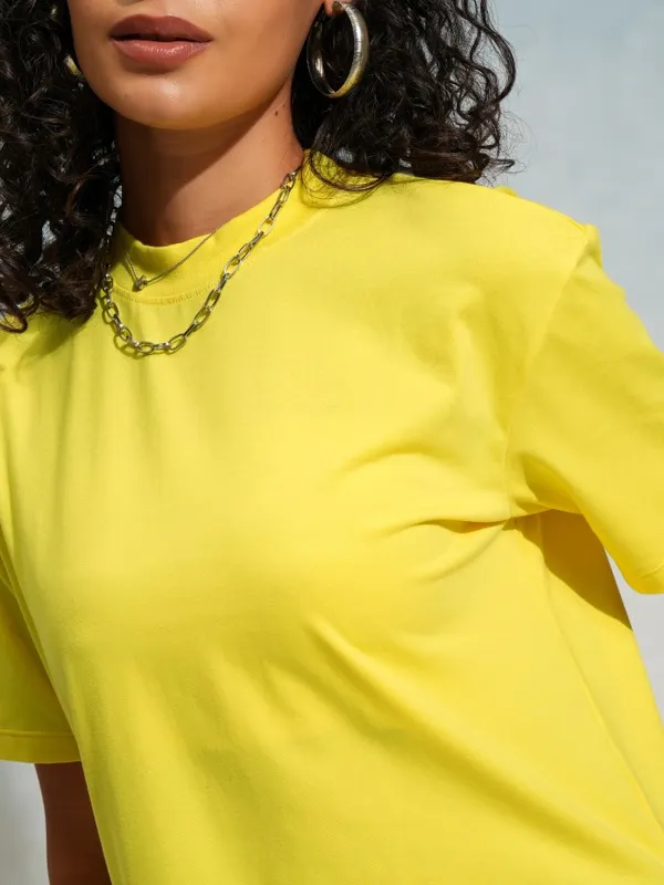 Tokyo Talkies Women Yellow Solid Round Neck T-Shirt