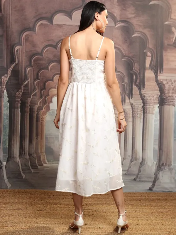Vishudh Women White Embroidered A-Line Dress
