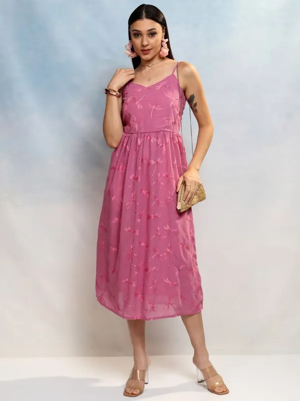 Vishudh Women Lavender Embroidered A-Line Dress