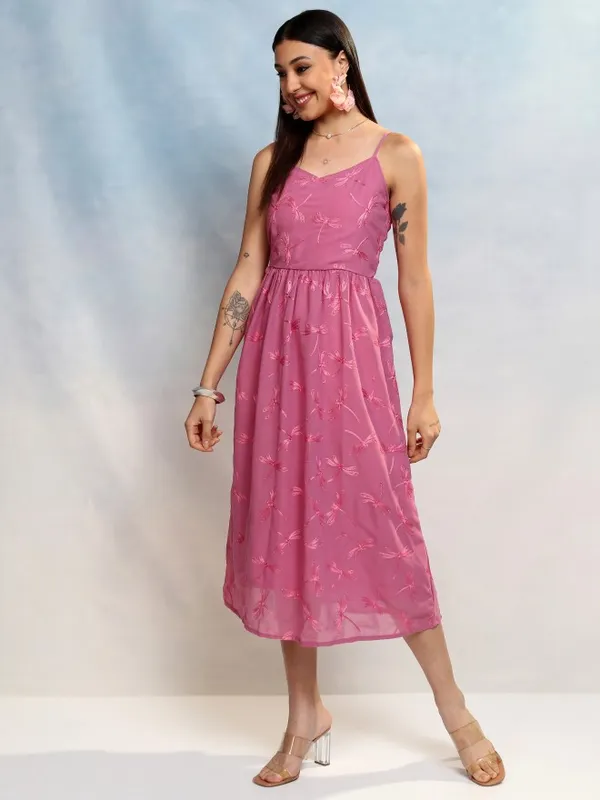 Vishudh Women Lavender Embroidered A-Line Dress