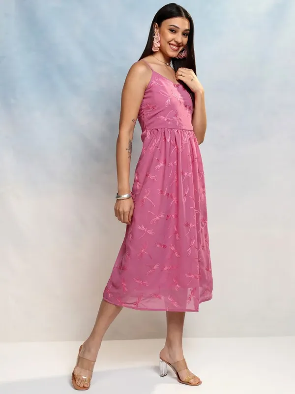 Vishudh Women Lavender Embroidered A-Line Dress