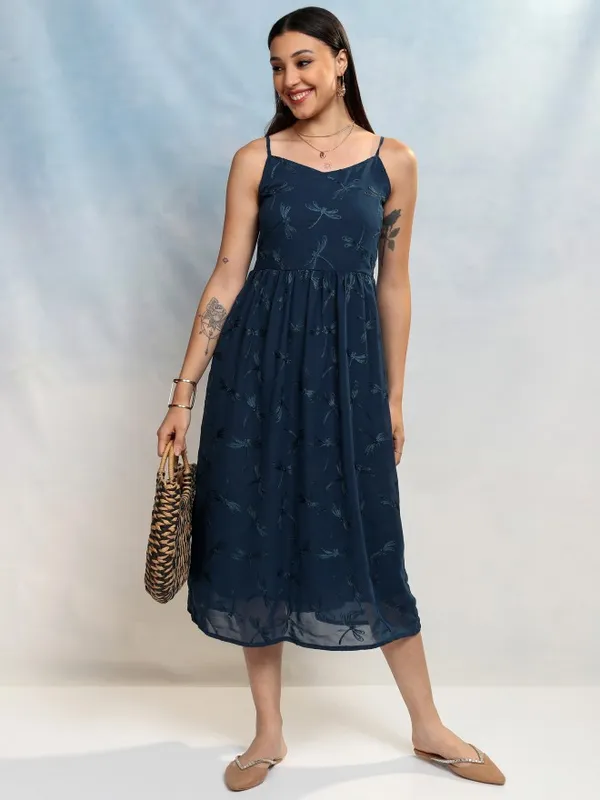 Vishudh Women Blue Embroidered A-Line Dress