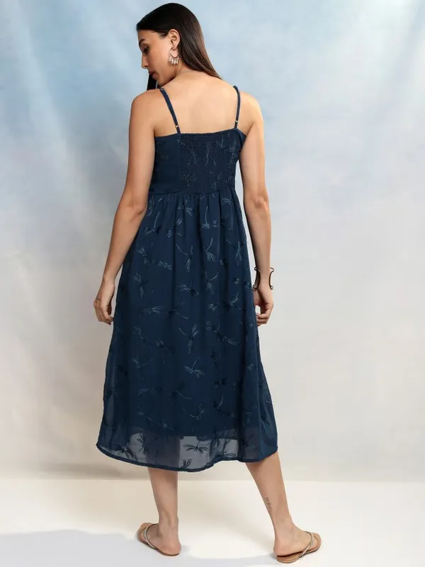 Vishudh Women Blue Embroidered A-Line Dress