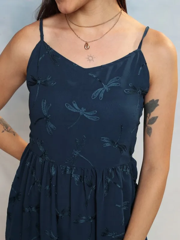 Vishudh Women Blue Embroidered A-Line Dress