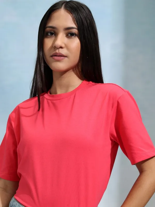 Tokyo Talkies Women Pink Solid Round Neck T-Shirt