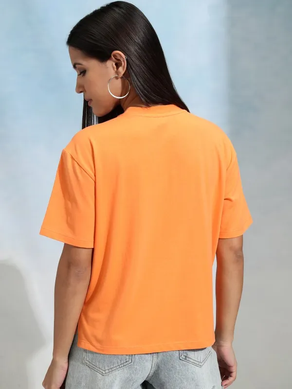 Tokyo Talkies Women Orange Solid Round Neck T-Shirt