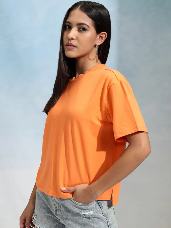Tokyo Talkies Women Orange Solid Round Neck T-Shirt