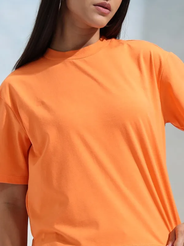 Tokyo Talkies Women Orange Solid Round Neck T-Shirt