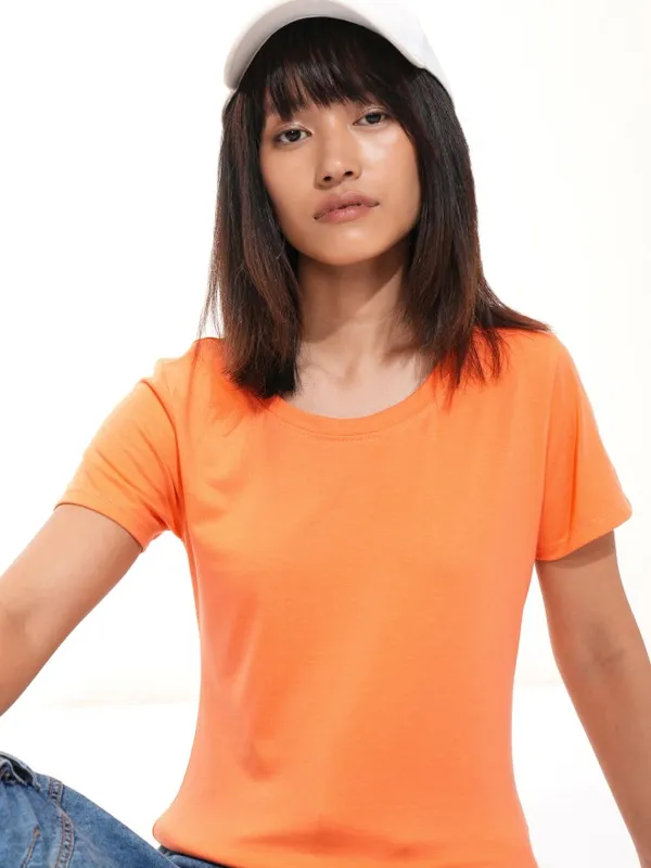 Tokyo Talkies Women Orange Solid Round Neck T-Shirt