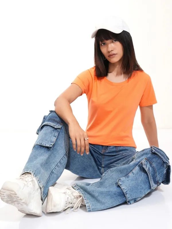 Tokyo Talkies Women Orange Solid Round Neck T-Shirt