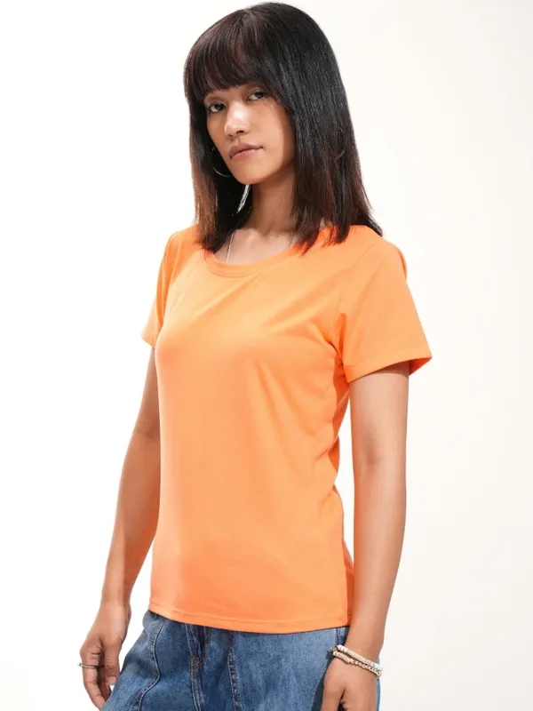 Tokyo Talkies Women Orange Solid Round Neck T-Shirt