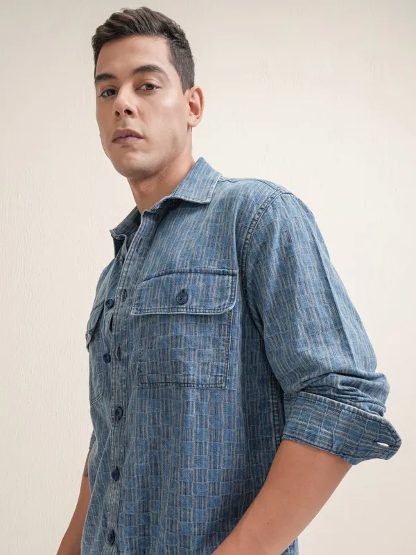 Locomotive Premium Men Navy Blue Checked Oversized Fit Casual Shirt
