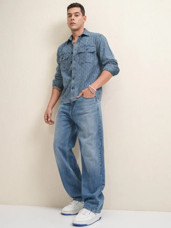 Locomotive Premium Men Navy Blue Checked Oversized Fit Casual Shirt