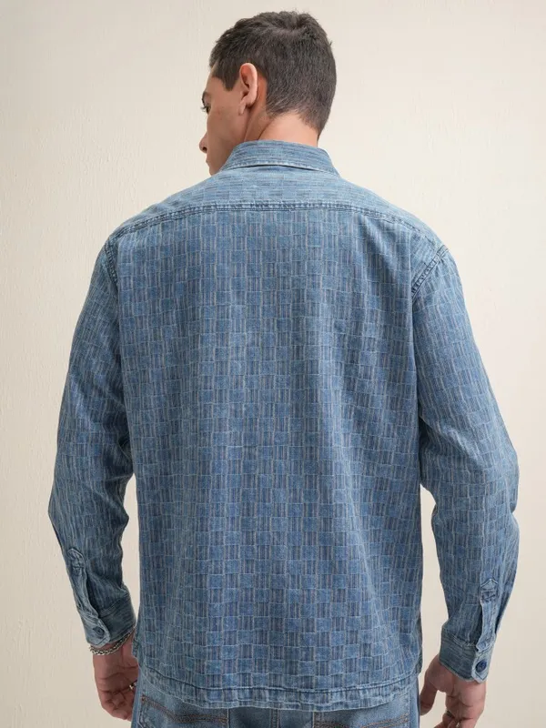 Locomotive Premium Men Navy Blue Checked Oversized Fit Casual Shirt