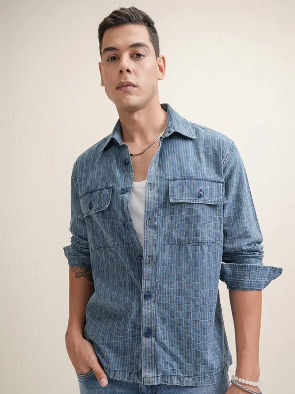 Locomotive Premium Men Navy Blue Checked Oversized Fit Casual Shirt