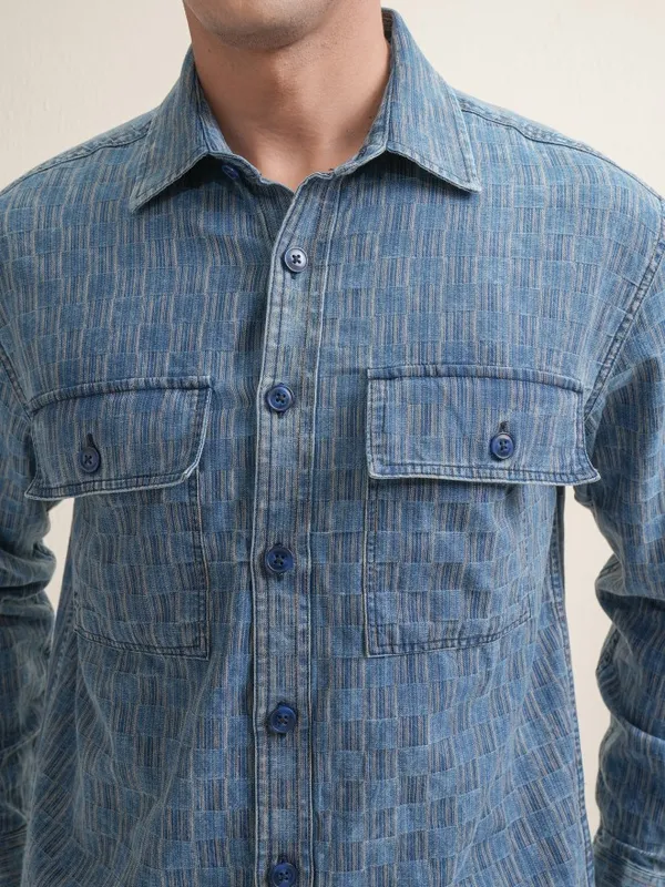 Locomotive Premium Men Navy Blue Checked Oversized Fit Casual Shirt