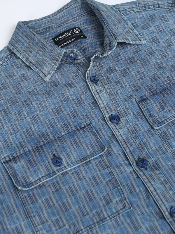 Locomotive Premium Men Navy Blue Checked Oversized Fit Casual Shirt