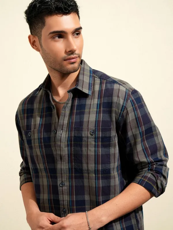 Locomotive Premium Men Olive Checked Oversized Fit Casual Shirt