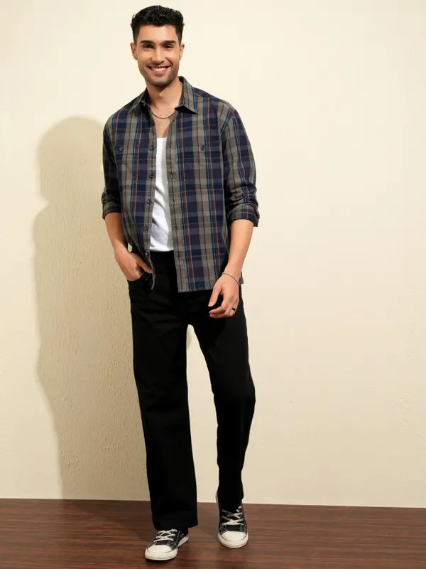 Locomotive Premium Men Olive Checked Oversized Fit Casual Shirt