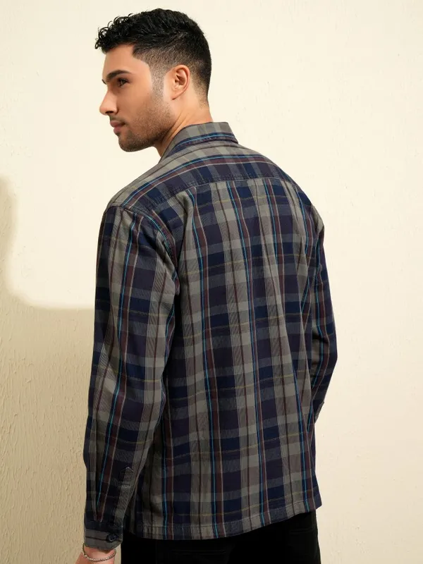 Locomotive Premium Men Olive Checked Oversized Fit Casual Shirt