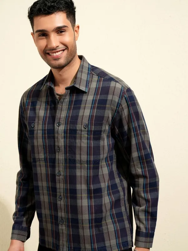 Locomotive Premium Men Olive Checked Oversized Fit Casual Shirt