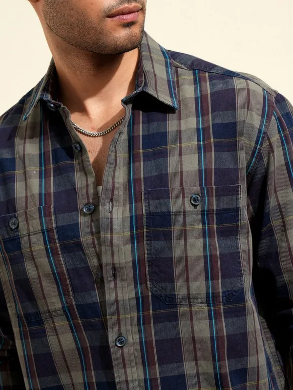 Locomotive Premium Men Olive Checked Oversized Fit Casual Shirt