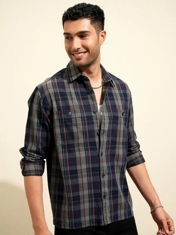 Locomotive Premium Men Olive Checked Oversized Fit Casual Shirt