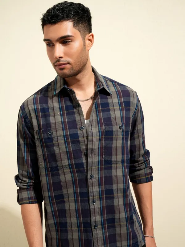 Locomotive Premium Men Olive Checked Oversized Fit Casual Shirt