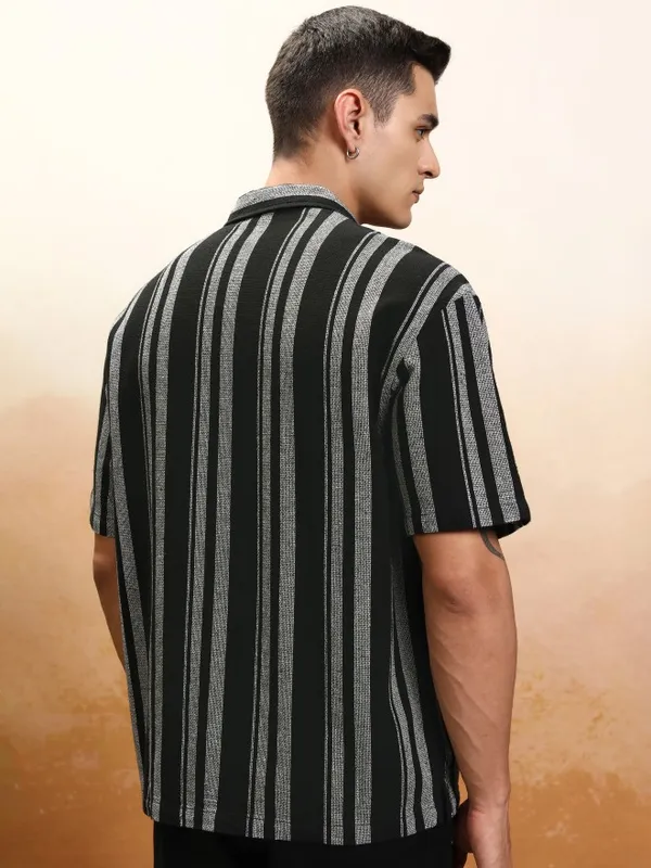 Highlander Men Black Striped Oversized Fit Casual Shirt