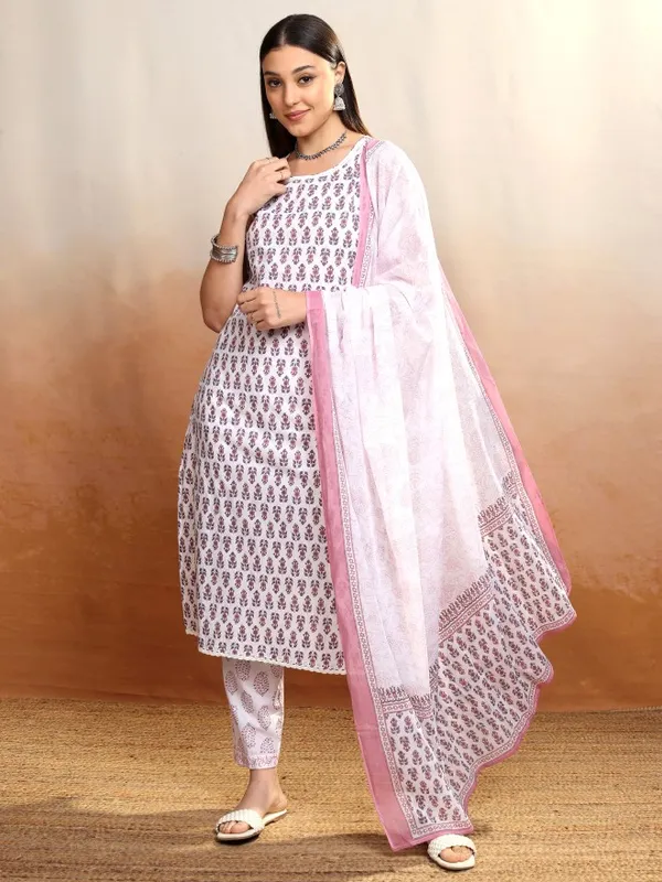 Vishudh Women White Kurta With Trousers And Dupatta