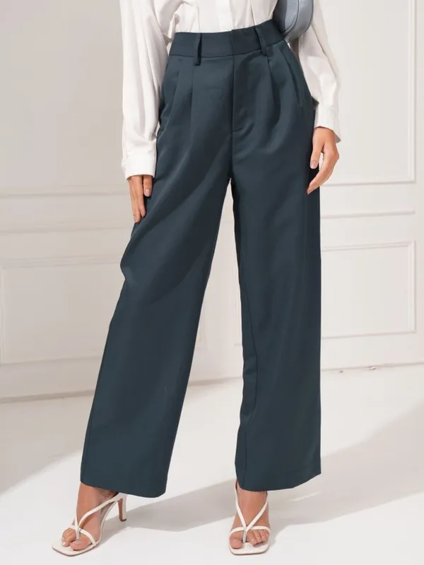 Tokyo Talkies Women Blue Solid Wide-Leg Tailored Pants