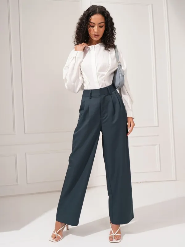 Tokyo Talkies Women Blue Solid Wide-Leg Tailored Pants