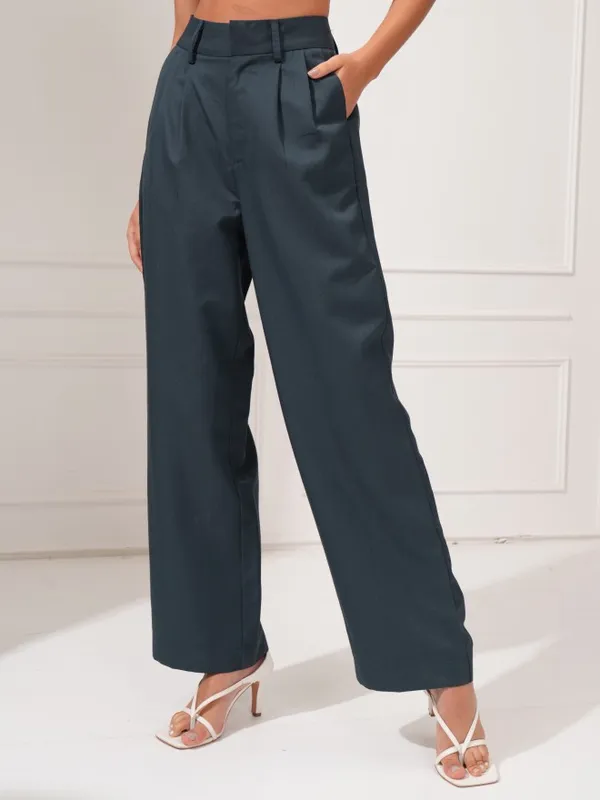 Tokyo Talkies Women Blue Solid Wide-Leg Tailored Pants