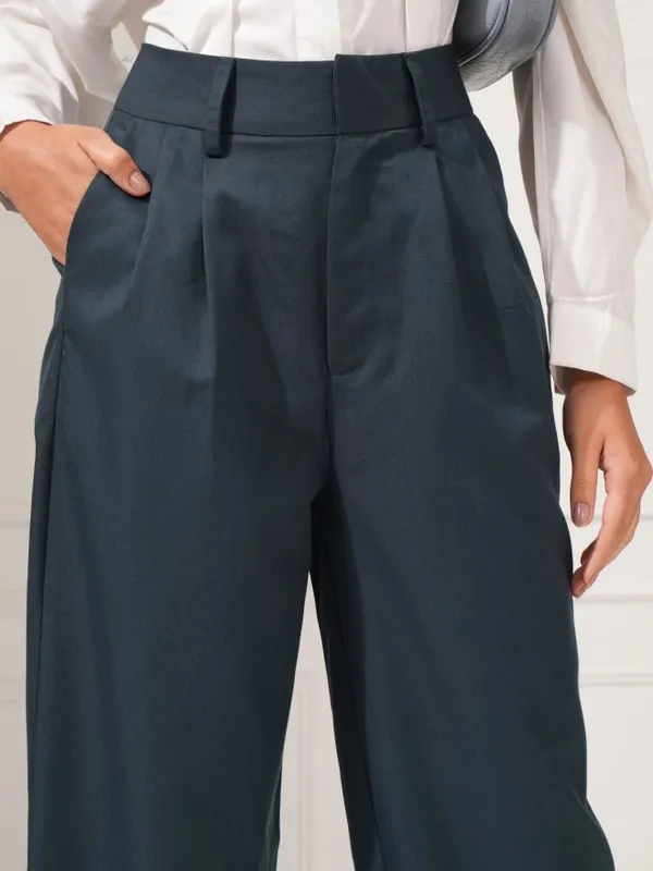 Tokyo Talkies Women Blue Solid Wide-Leg Tailored Pants