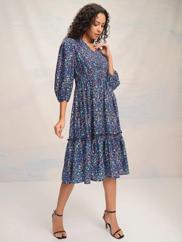 Tokyo Talkies Women Blue Printed Fit and Flare Dress