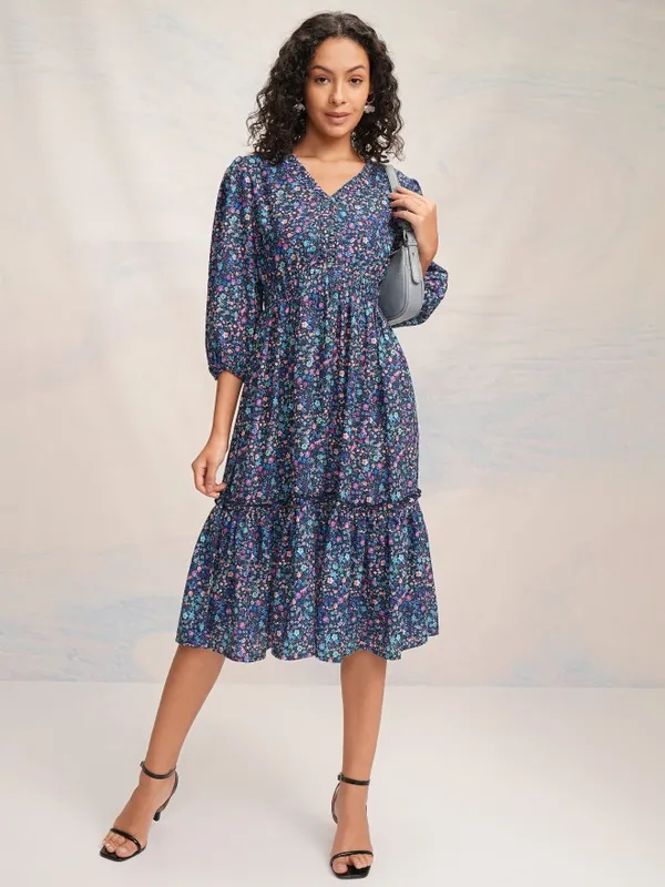 Tokyo Talkies Women Blue Printed Fit and Flare Dress