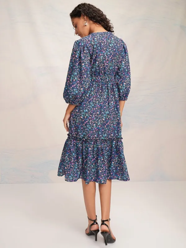 Tokyo Talkies Women Blue Printed Fit and Flare Dress