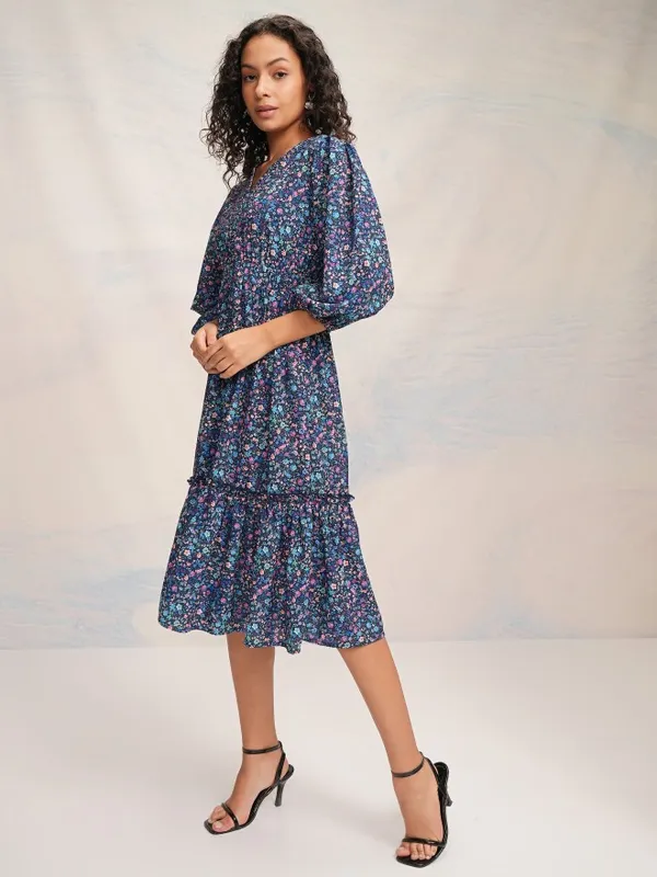 Tokyo Talkies Women Blue Printed Fit and Flare Dress