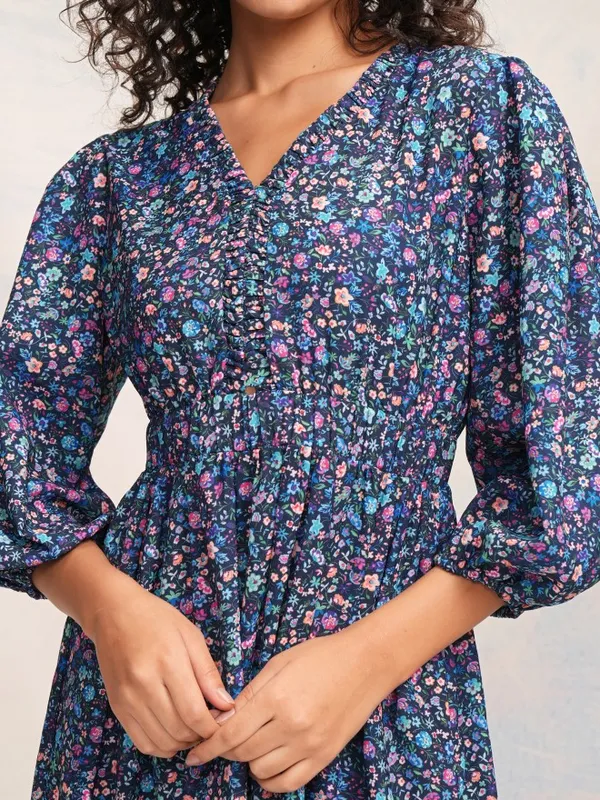 Tokyo Talkies Women Blue Printed Fit and Flare Dress