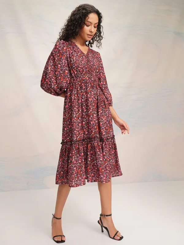 Tokyo Talkies Women Red Printed Fit and Flare Dress