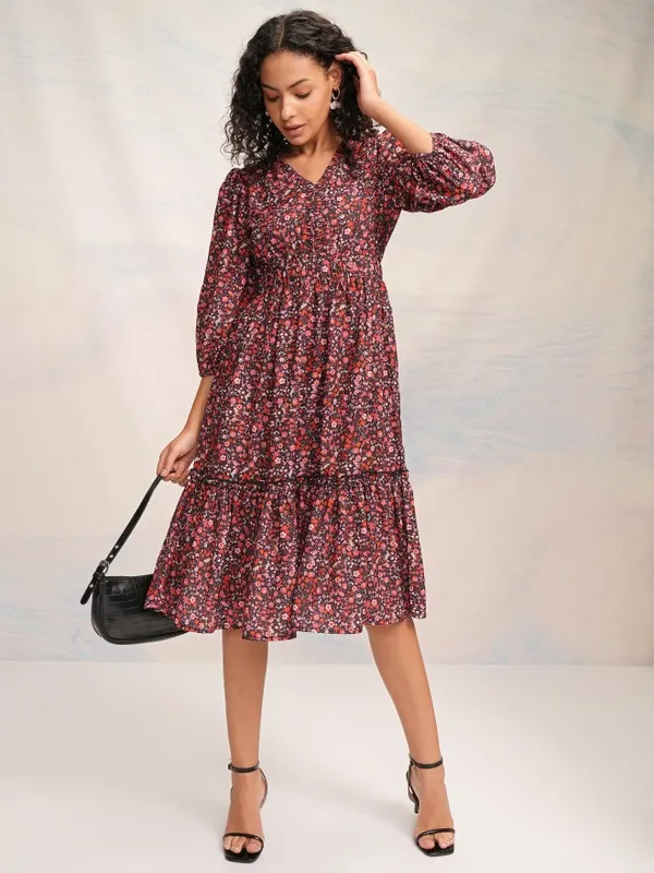 Tokyo Talkies Women Red Printed Fit and Flare Dress