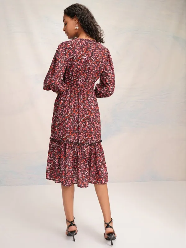 Tokyo Talkies Women Red Printed Fit and Flare Dress