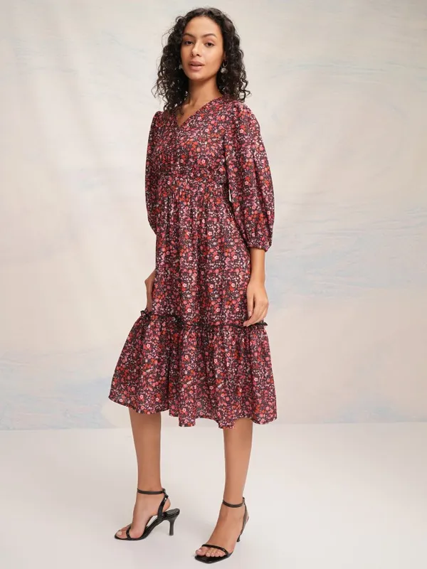 Tokyo Talkies Women Red Printed Fit and Flare Dress