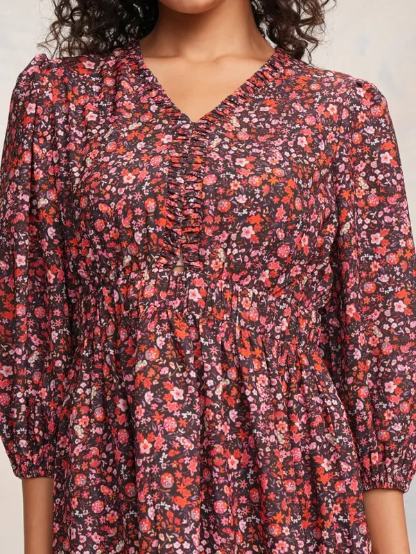 Tokyo Talkies Women Red Printed Fit and Flare Dress