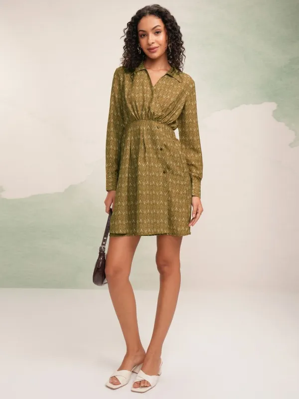 Tokyo Talkies Women Mustard Printed Fit And Flare Dress