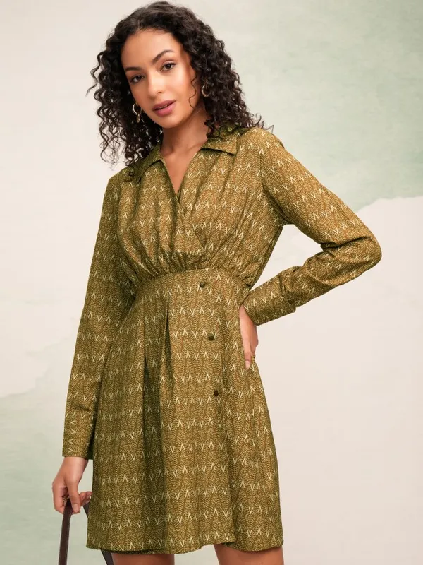 Tokyo Talkies Women Mustard Printed Fit And Flare Dress