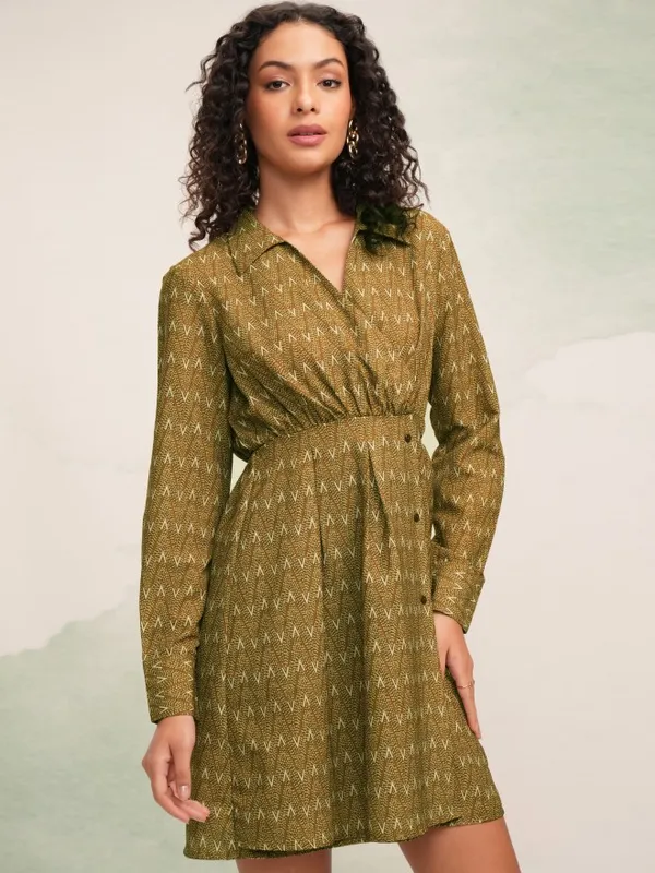 Tokyo Talkies Women Mustard Printed Fit And Flare Dress