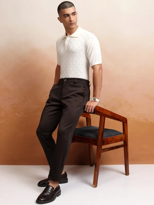 Highlander Men Off White Self Design Polo Collar T-Shirt