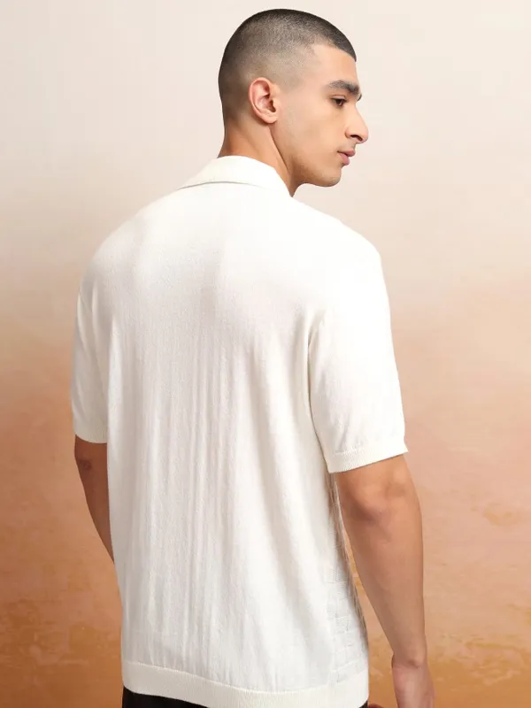 Highlander Men Off White Self Design Polo Collar T-Shirt