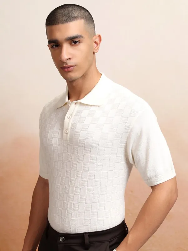 Highlander Men Off White Self Design Polo Collar T-Shirt